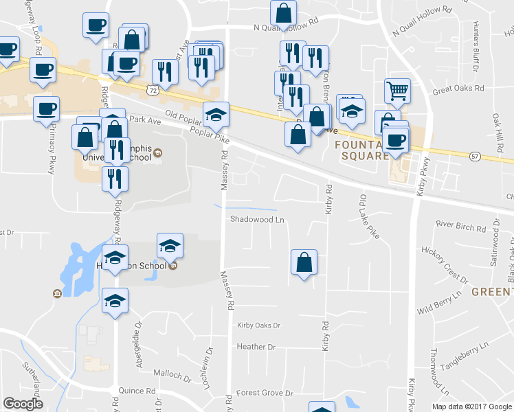 map of restaurants, bars, coffee shops, grocery stores, and more near 6395 Brooks Manor Cove in Memphis
