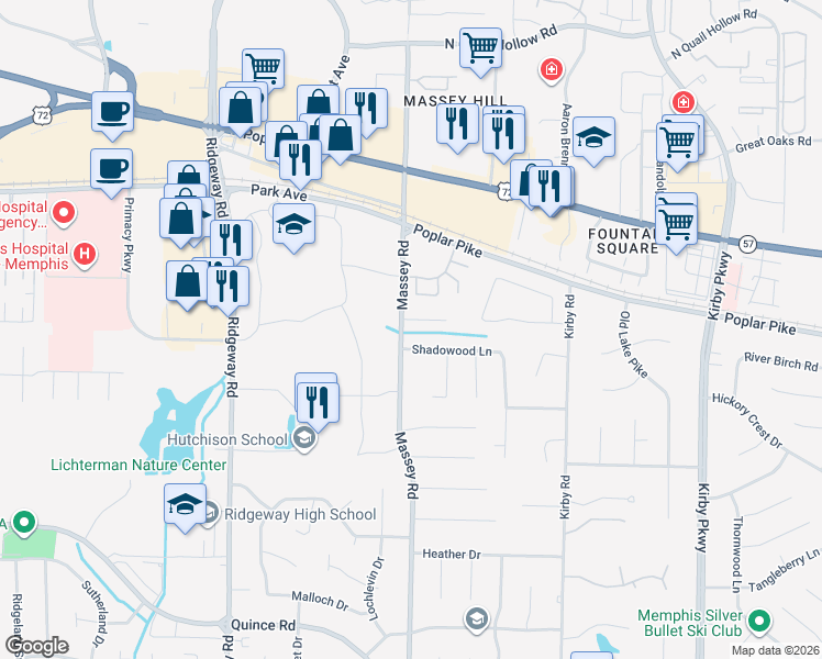 map of restaurants, bars, coffee shops, grocery stores, and more near 6345 Brooks Manor Cove in Memphis