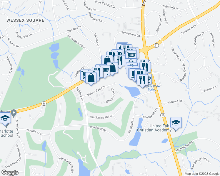 map of restaurants, bars, coffee shops, grocery stores, and more near 3609 Willow Point Drive in Charlotte