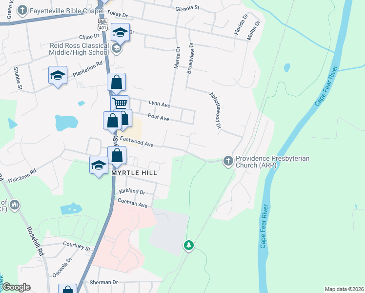 map of restaurants, bars, coffee shops, grocery stores, and more near 259 Eastwood Avenue in Fayetteville