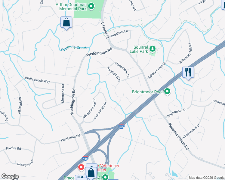 map of restaurants, bars, coffee shops, grocery stores, and more near 1834 Thornblade Ridge Drive in Matthews