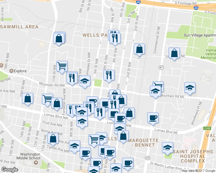 map of restaurants, bars, coffee shops, grocery stores, and more near 1109 4th St NW in Albuquerque
