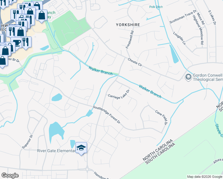 map of restaurants, bars, coffee shops, grocery stores, and more near 14725 Smith Road in Charlotte