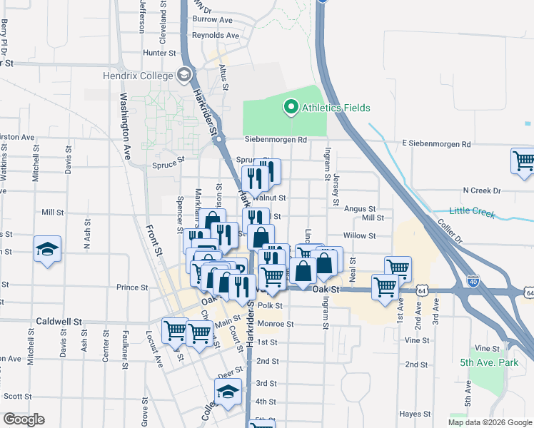map of restaurants, bars, coffee shops, grocery stores, and more near 1207 Hamilton Street in Conway