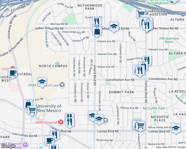 map of restaurants, bars, coffee shops, grocery stores, and more near 1217 Vassar Drive Northeast in Albuquerque