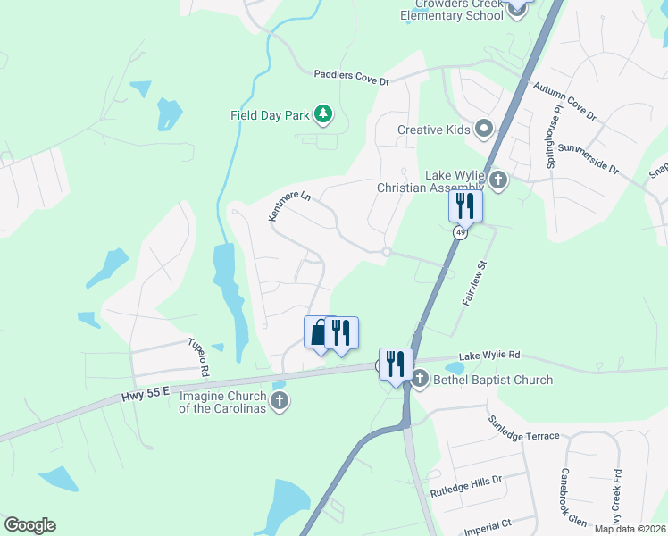 map of restaurants, bars, coffee shops, grocery stores, and more near 301 Kentmere Lane in Lake Wylie