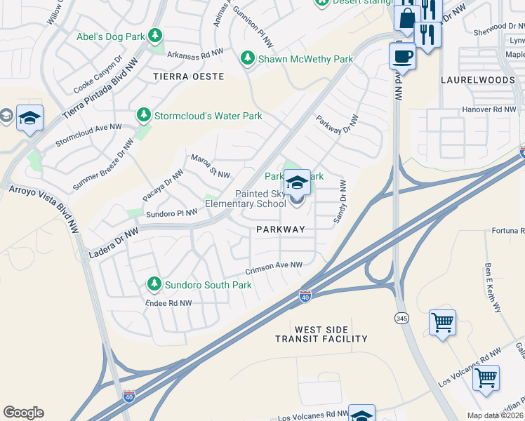 map of restaurants, bars, coffee shops, grocery stores, and more near 8412 Cedarcroft Road Northwest in Albuquerque