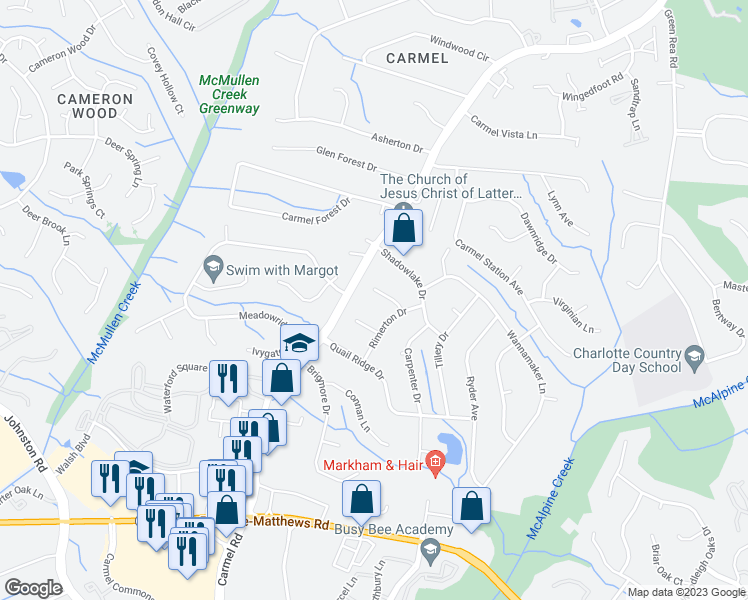 map of restaurants, bars, coffee shops, grocery stores, and more near 7425 Dotts Court in Charlotte