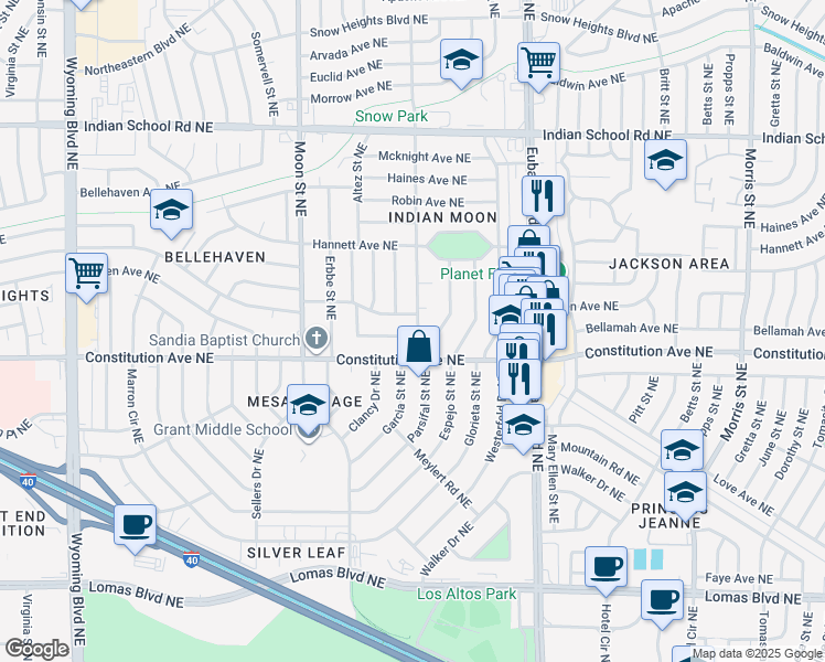 map of restaurants, bars, coffee shops, grocery stores, and more near 9809 Bellamah Avenue Northeast in Albuquerque