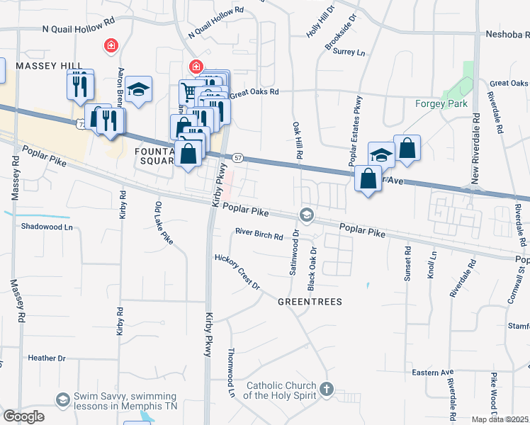 map of restaurants, bars, coffee shops, grocery stores, and more near 6792 Poplar Pike in Memphis
