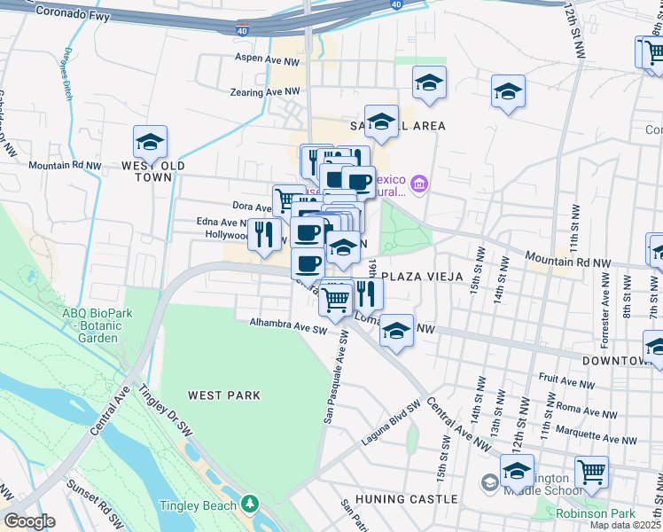 map of restaurants, bars, coffee shops, grocery stores, and more near 201 San Felipe Street Northwest in Albuquerque