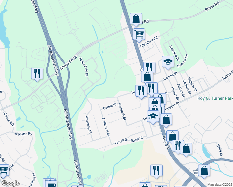 map of restaurants, bars, coffee shops, grocery stores, and more near 317 Bonnie Street in Fayetteville