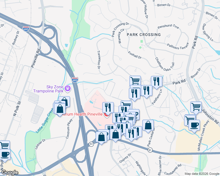 map of restaurants, bars, coffee shops, grocery stores, and more near 10211 Willow Bend Circle in Charlotte