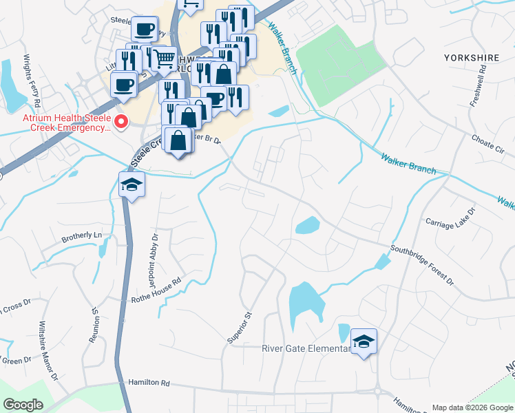 map of restaurants, bars, coffee shops, grocery stores, and more near 13522 Pontchatrain Drive in Charlotte