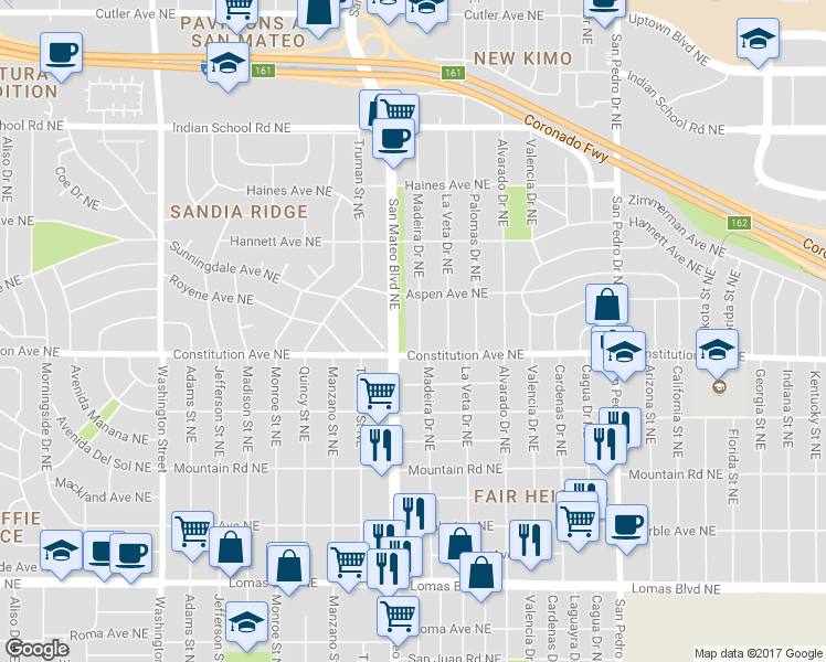 map of restaurants, bars, coffee shops, grocery stores, and more near 1819 Madeira Drive Northeast in Albuquerque