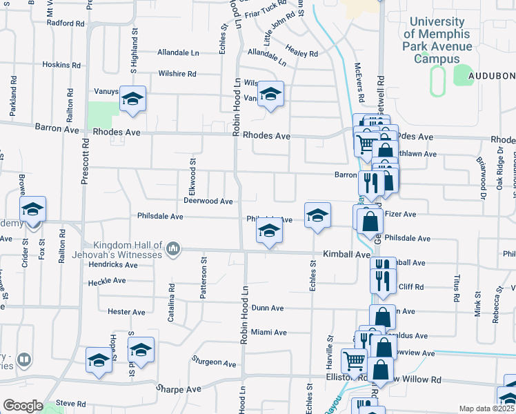 map of restaurants, bars, coffee shops, grocery stores, and more near 3717 Deerwood Cove in Memphis