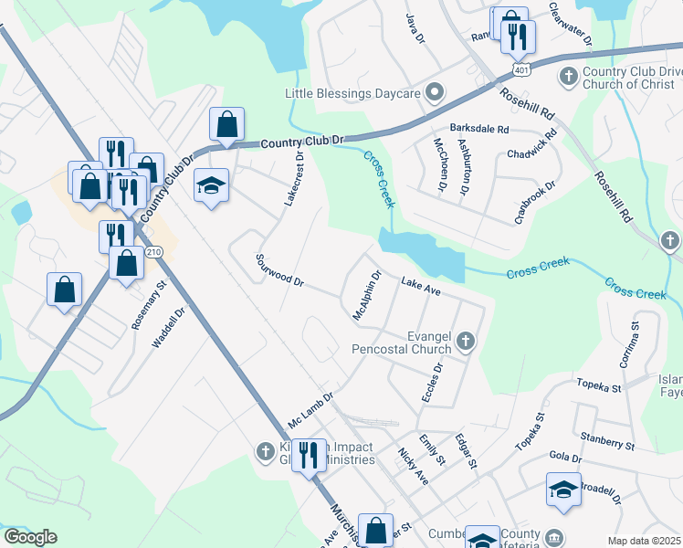map of restaurants, bars, coffee shops, grocery stores, and more near 2529 Vestal Avenue in Fayetteville