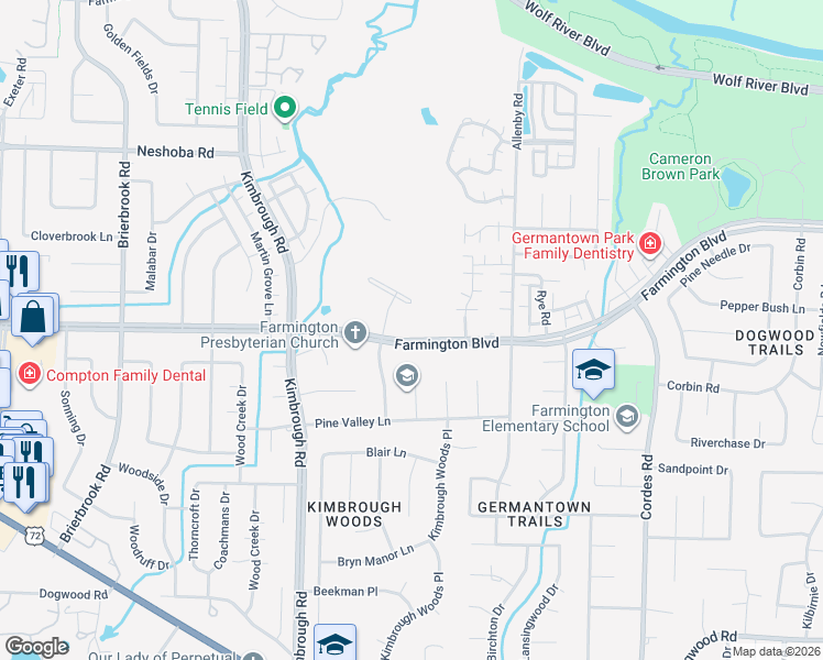 map of restaurants, bars, coffee shops, grocery stores, and more near 8320 Farmington Boulevard in Germantown