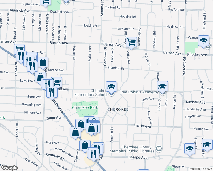 map of restaurants, bars, coffee shops, grocery stores, and more near 1328 Semmes Street in Memphis