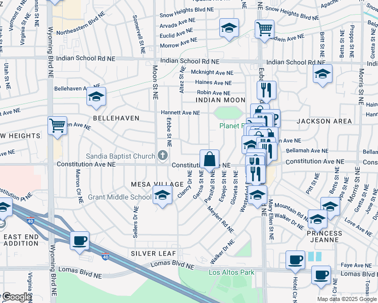 map of restaurants, bars, coffee shops, grocery stores, and more near 9609 Bellamah Avenue Northeast in Albuquerque