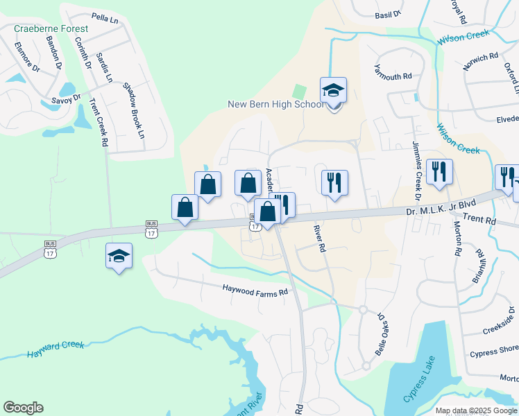 map of restaurants, bars, coffee shops, grocery stores, and more near in New Bern