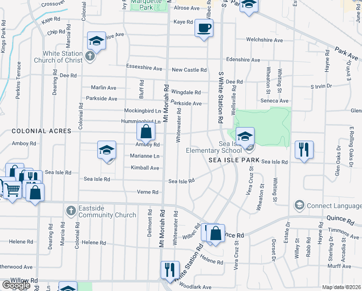 map of restaurants, bars, coffee shops, grocery stores, and more near 1327 Whitewater Road in Memphis