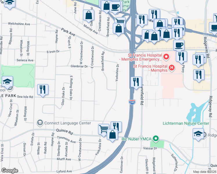 map of restaurants, bars, coffee shops, grocery stores, and more near 1322 Brookfield Rd in Memphis