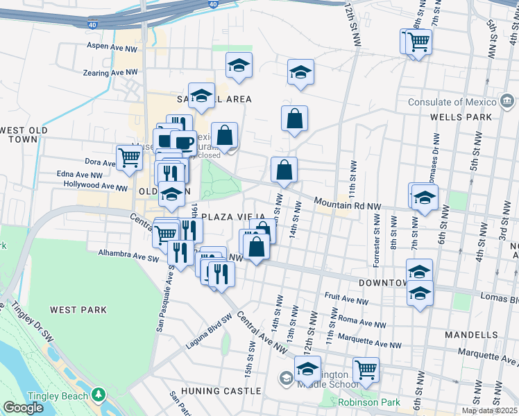 map of restaurants, bars, coffee shops, grocery stores, and more near 710 16th Street Northwest in Albuquerque