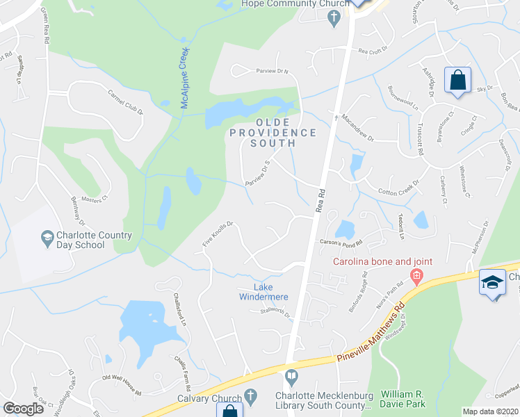 map of restaurants, bars, coffee shops, grocery stores, and more near 5447 Kerry Glen Lane in Charlotte