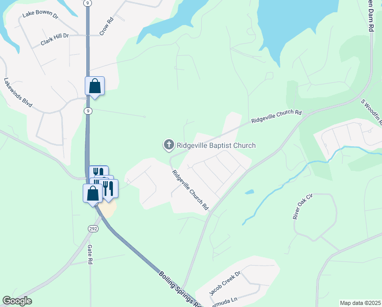 map of restaurants, bars, coffee shops, grocery stores, and more near 426 Ridgeville Church Road in Inman