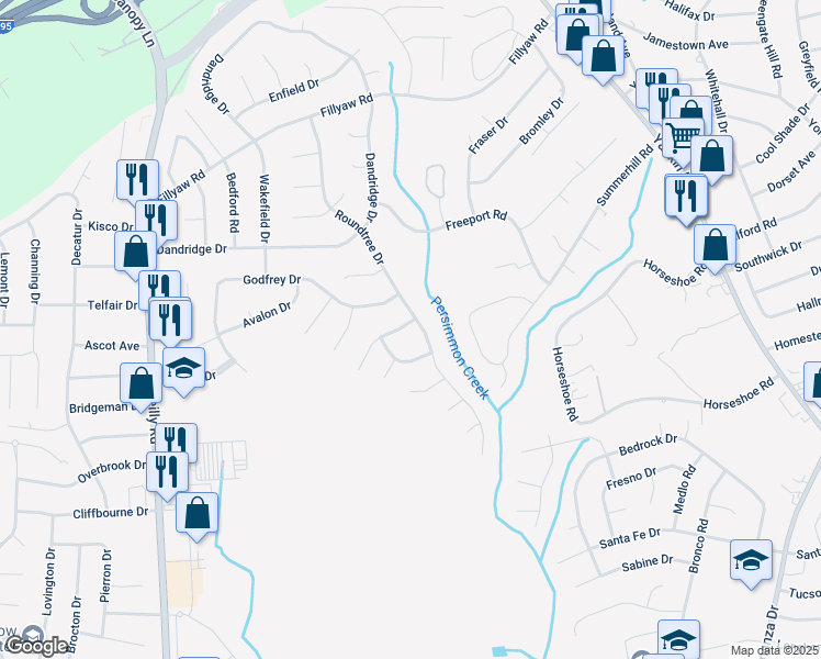 map of restaurants, bars, coffee shops, grocery stores, and more near 431 Roundtree Drive in Fayetteville