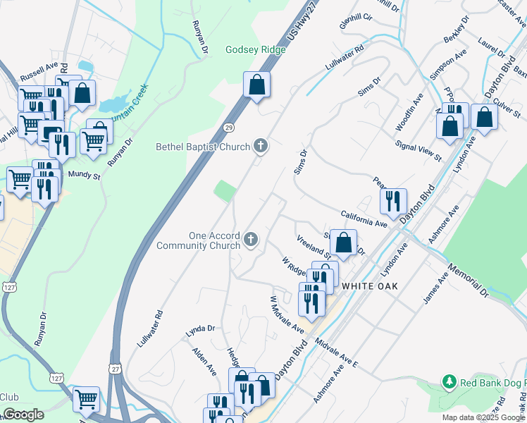 map of restaurants, bars, coffee shops, grocery stores, and more near 126 Hendricks Boulevard in Chattanooga
