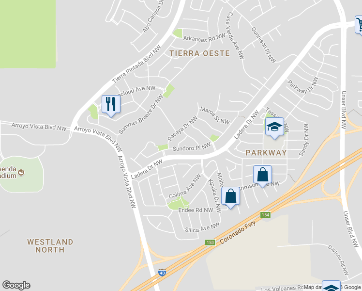 map of restaurants, bars, coffee shops, grocery stores, and more near 9409 Sundoro Place Northwest in Albuquerque