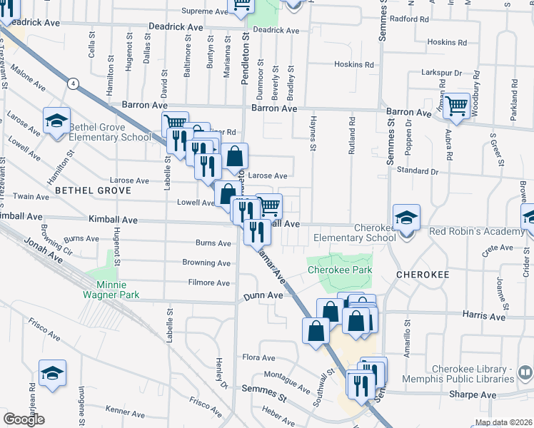 map of restaurants, bars, coffee shops, grocery stores, and more near 2818 Kimball Avenue in Memphis