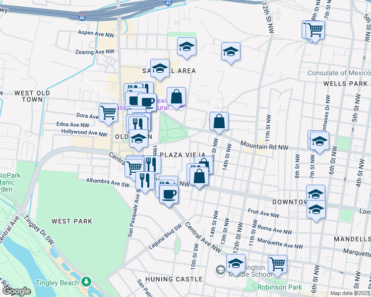 map of restaurants, bars, coffee shops, grocery stores, and more near 715 17th Street Northwest in Albuquerque