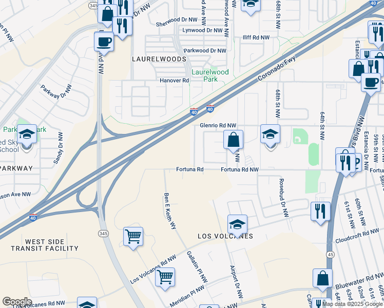 map of restaurants, bars, coffee shops, grocery stores, and more near 743 Mesa Del Rio Street Northwest in Albuquerque