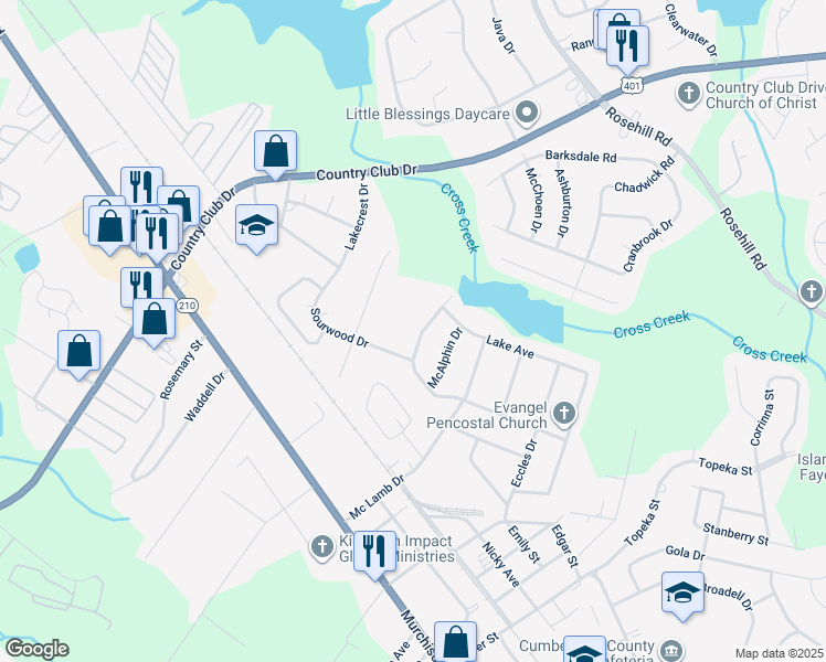 map of restaurants, bars, coffee shops, grocery stores, and more near 2529 Vestal Avenue in Fayetteville