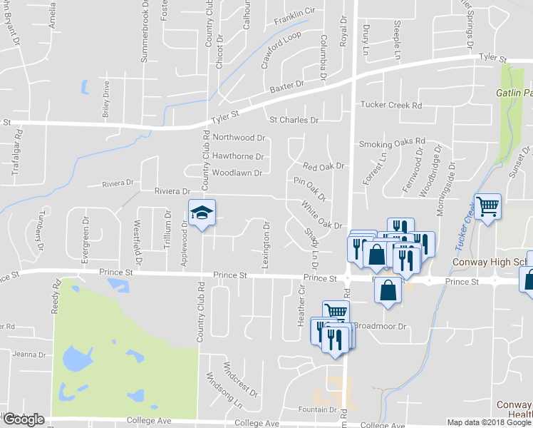 map of restaurants, bars, coffee shops, grocery stores, and more near 18 Lexington Drive in Conway