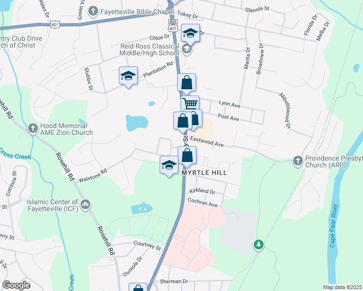 map of restaurants, bars, coffee shops, grocery stores, and more near 2717 Ramsey Street in Fayetteville