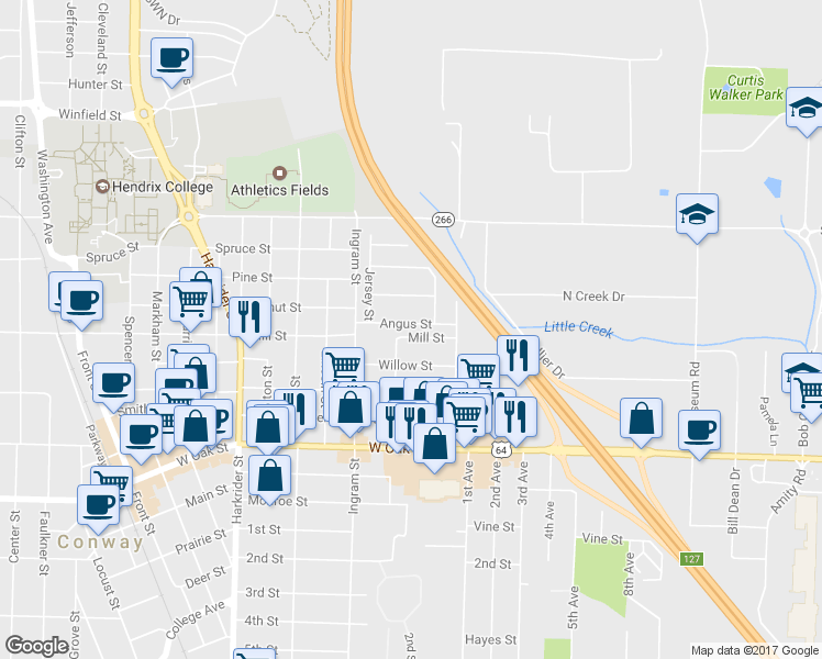 map of restaurants, bars, coffee shops, grocery stores, and more near 315 Angus Street in Conway