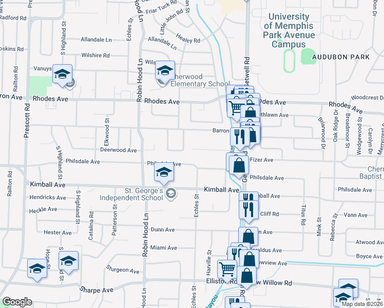 map of restaurants, bars, coffee shops, grocery stores, and more near 3815 Fizer Avenue in Memphis
