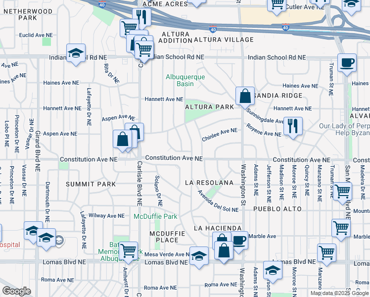 map of restaurants, bars, coffee shops, grocery stores, and more near 1400 Aliso Drive Northeast in Albuquerque