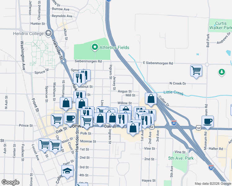 map of restaurants, bars, coffee shops, grocery stores, and more near 421 Angus Street in Conway