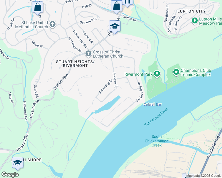 map of restaurants, bars, coffee shops, grocery stores, and more near 1266 Enclave Road in Chattanooga