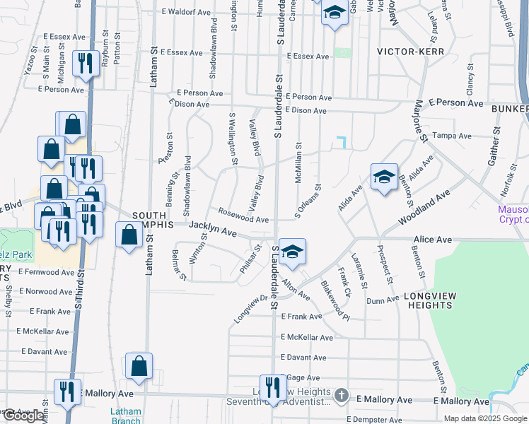 map of restaurants, bars, coffee shops, grocery stores, and more near 536 Rosewood Avenue in Memphis