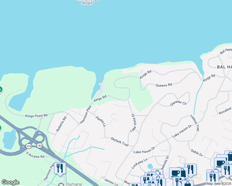 map of restaurants, bars, coffee shops, grocery stores, and more near 3591 Kings Road in Chattanooga