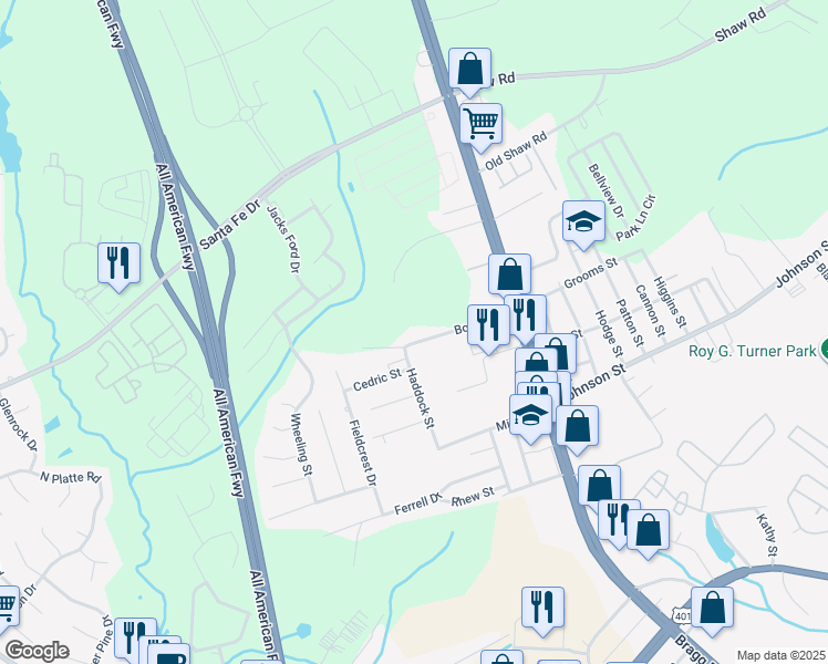 map of restaurants, bars, coffee shops, grocery stores, and more near 238 Bonnie Street in Fayetteville