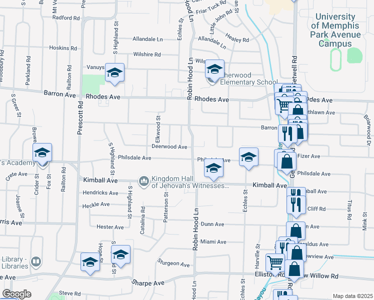 map of restaurants, bars, coffee shops, grocery stores, and more near 3679 South Deerwood Avenue in Memphis