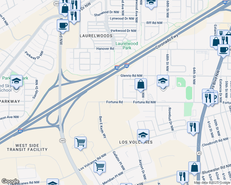 map of restaurants, bars, coffee shops, grocery stores, and more near 743 Mesa Del Rio Street Northwest in Albuquerque