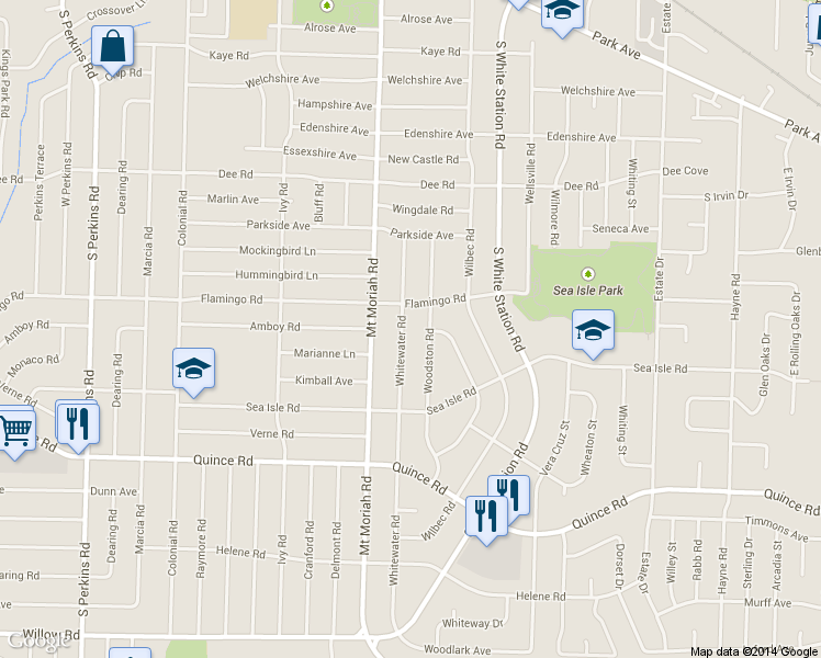 map of restaurants, bars, coffee shops, grocery stores, and more near 1327 Whitewater Road in Memphis